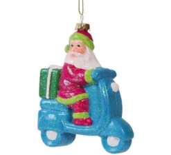 Pendentif Père Noël En Moto Bleu De 14 Cms