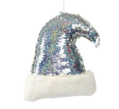 Chapeau De Père Noël Argent Paillettes 20 Cm Pour Décorer L'arbre De Noël