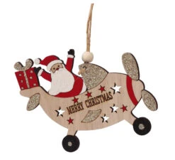 Père Noël Aviateur à Suspendre En Bois 12 Cm