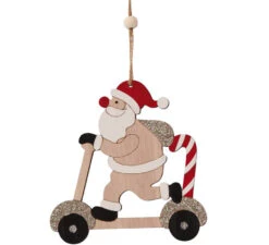 Père Noël Sur Trottinette En Bois Suspendue 12,5 Cm